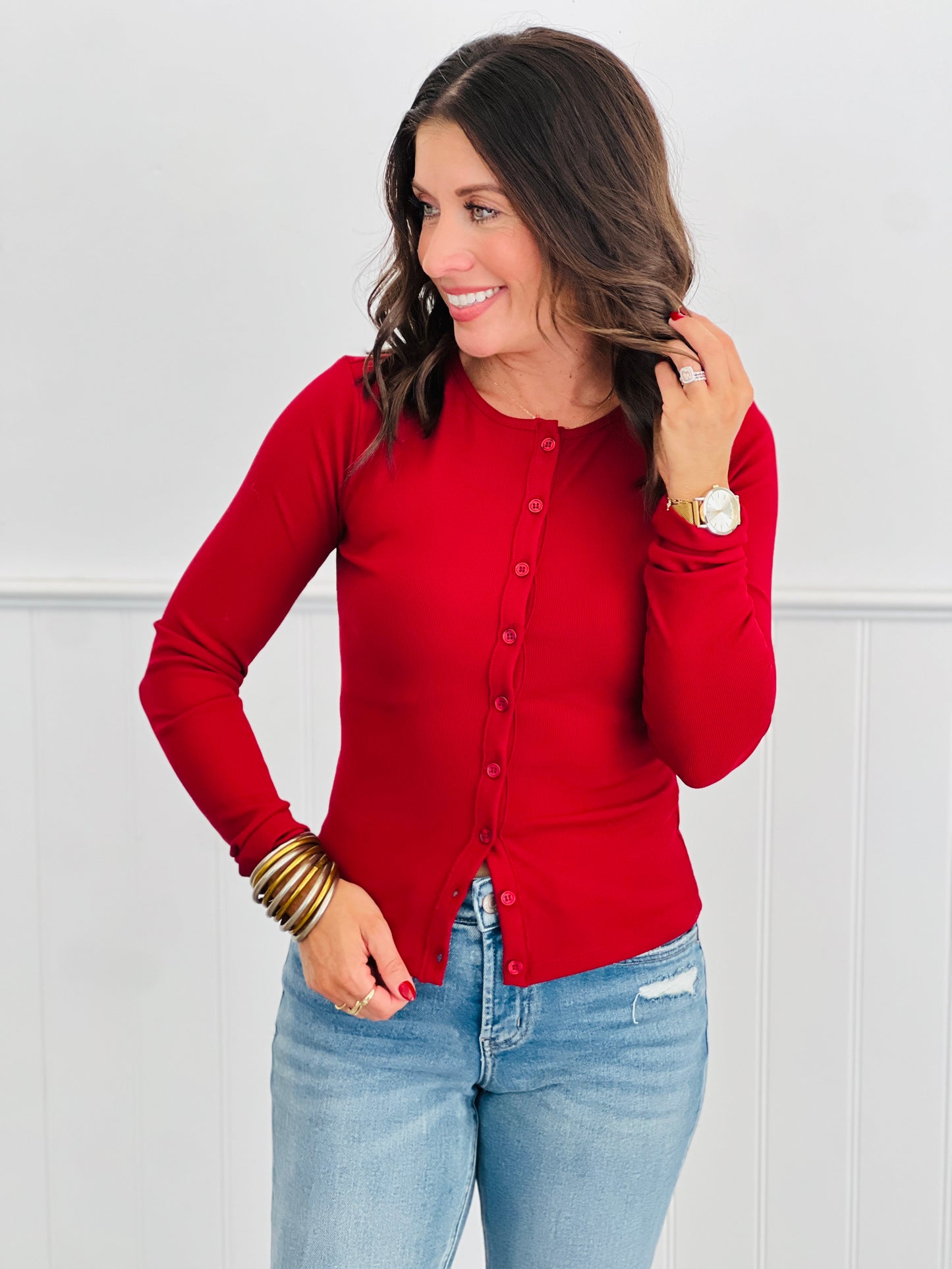 Split Hem Button Down Knit Top (Reg.)-3 Colors