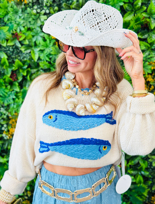 Cream Fish Embroidered Knit Sweater (Reg.)