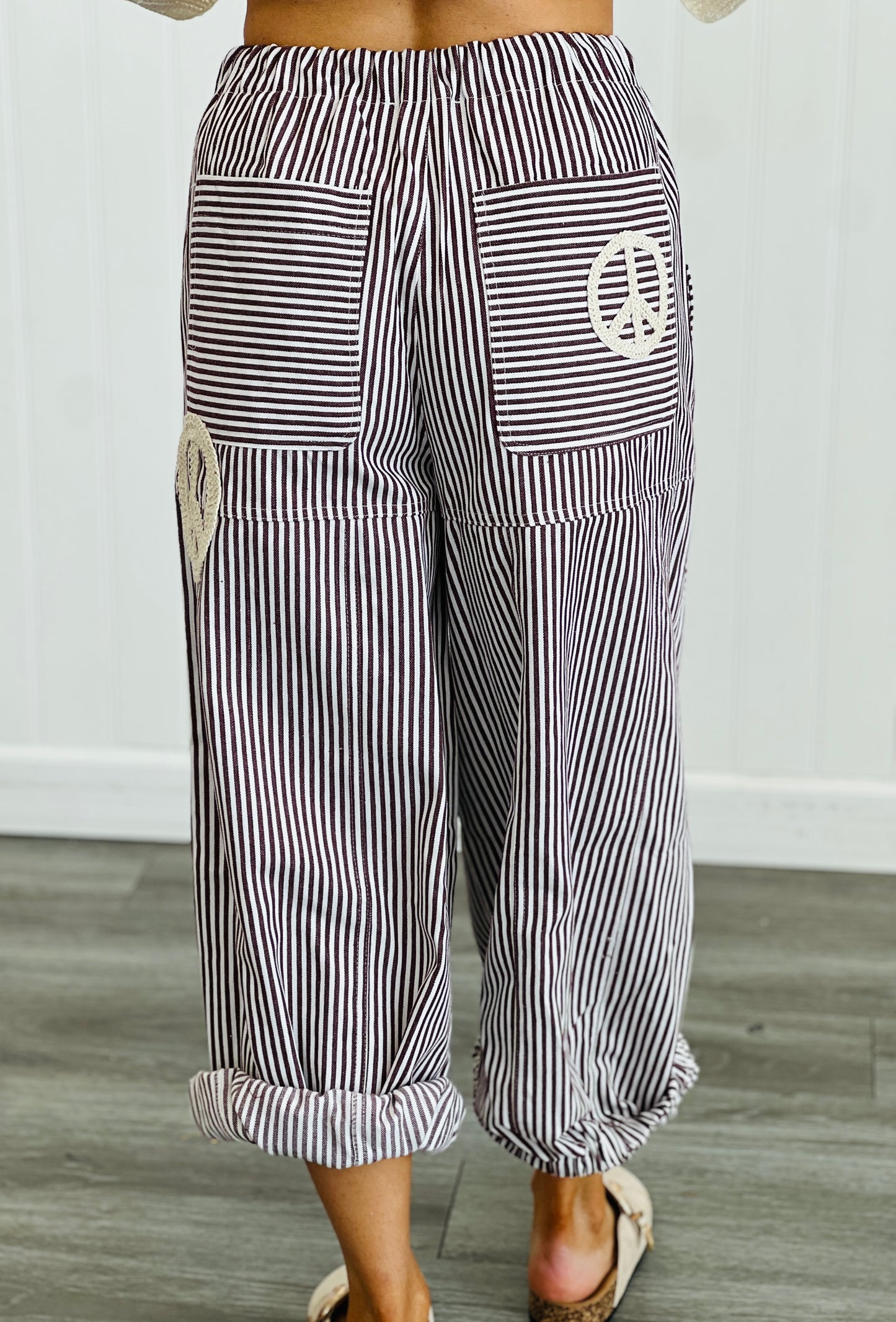 Burgundy Peace Sign Pinstripe Palazzo Pants (Reg. and Plus)