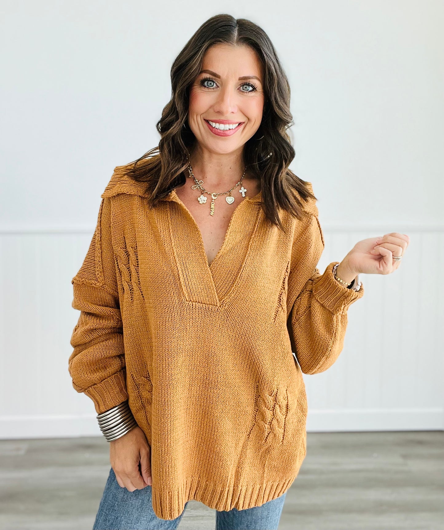 Caramel Collared Sweater Top (Reg & Plus)