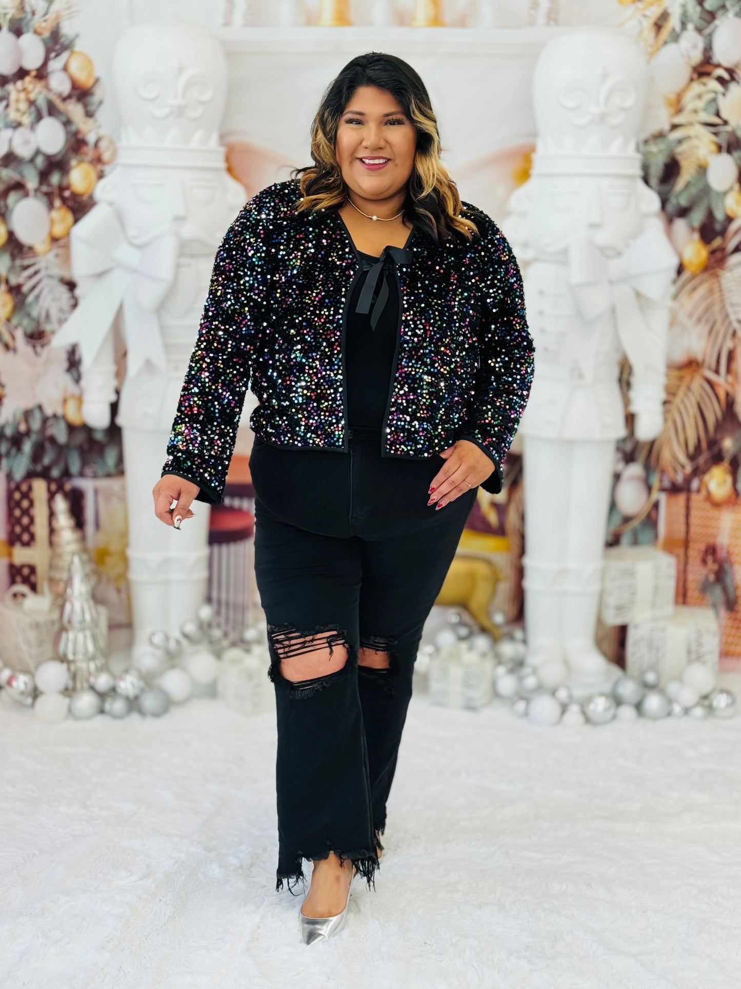 Black Multi Sequin Self Tie Cardigan (Reg. and Plus)