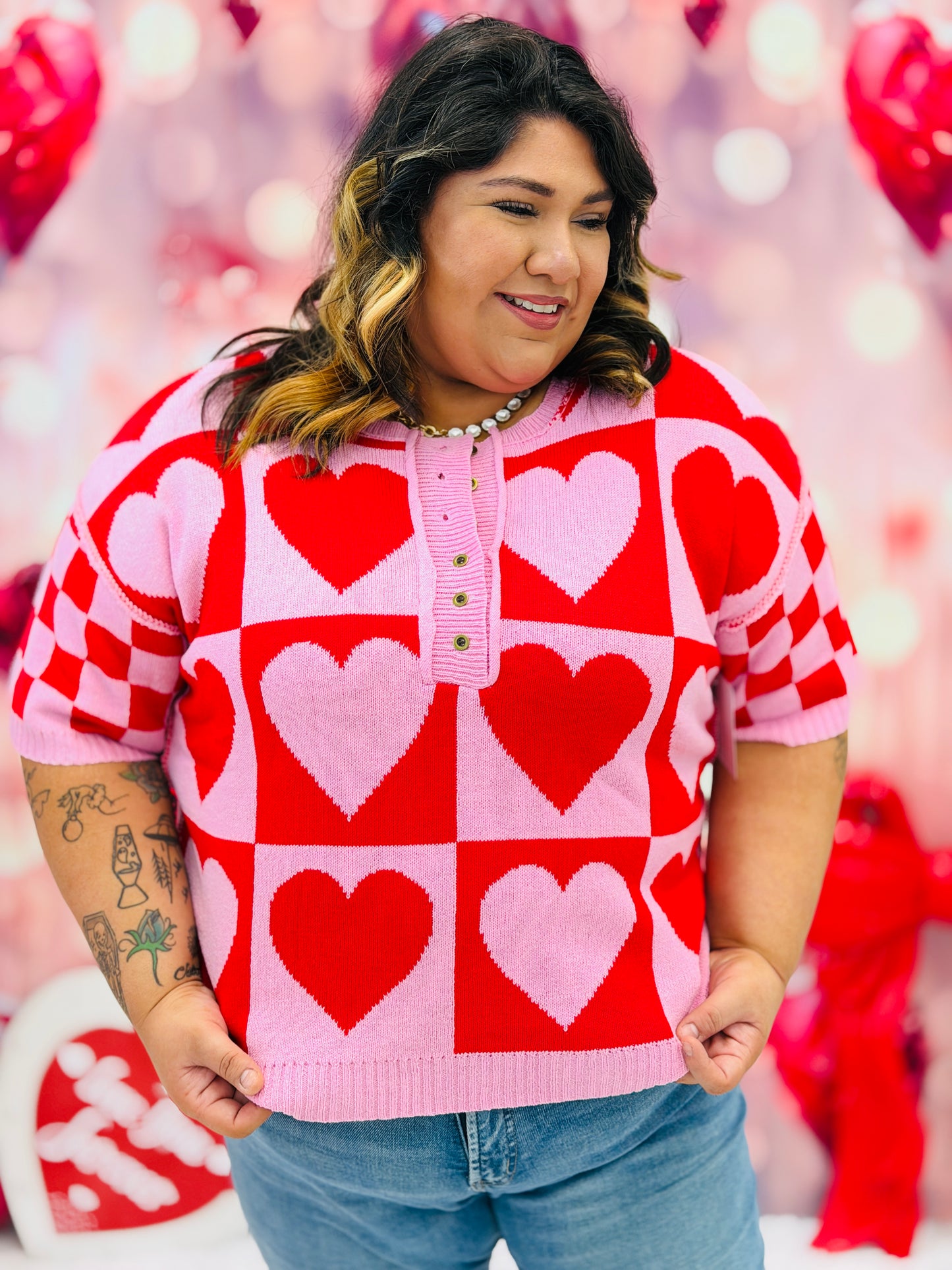 Red/Pink Checker Heart Sweater Top (Reg.)