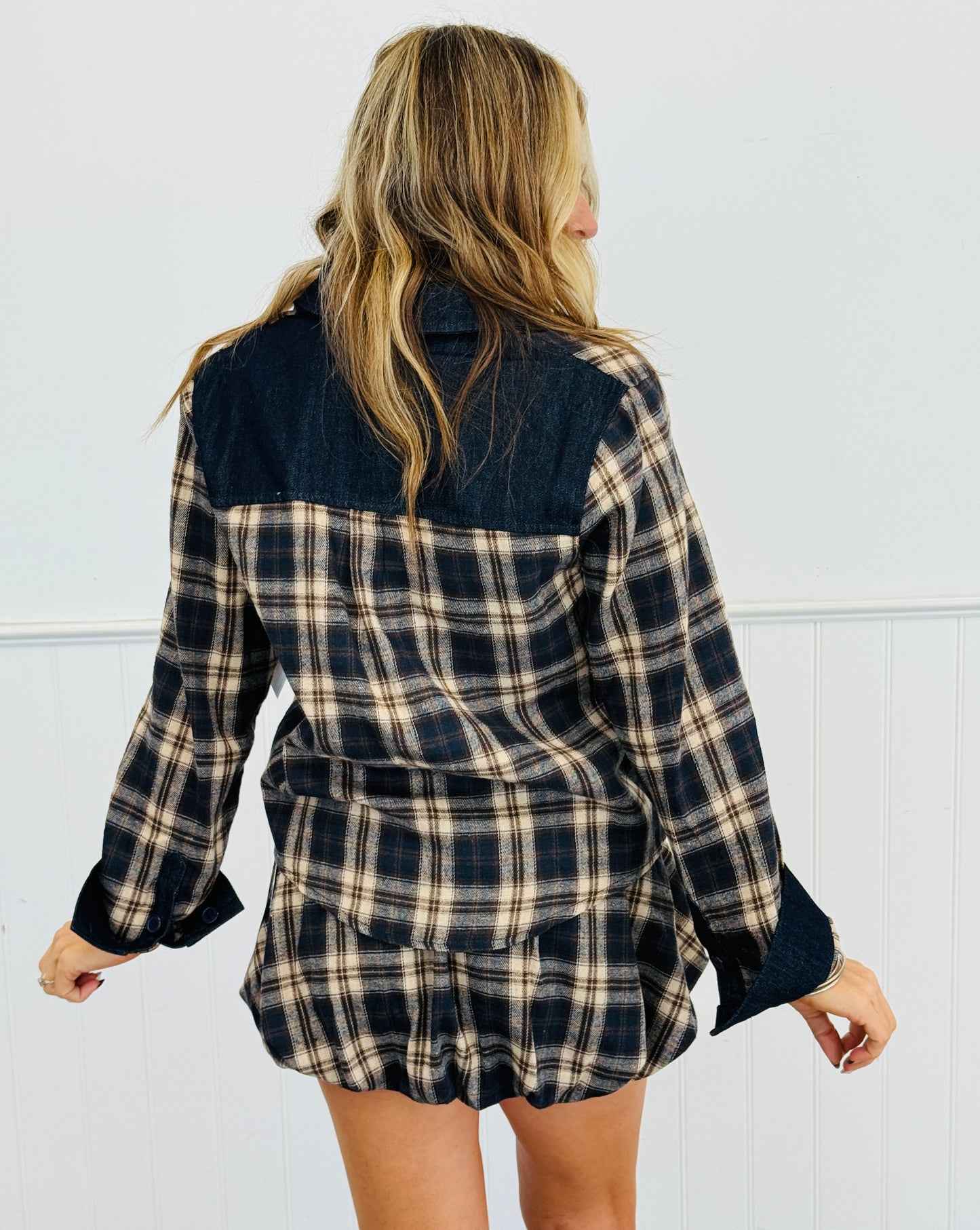 Navy Plaid Denim Trim Shirt (Reg.)