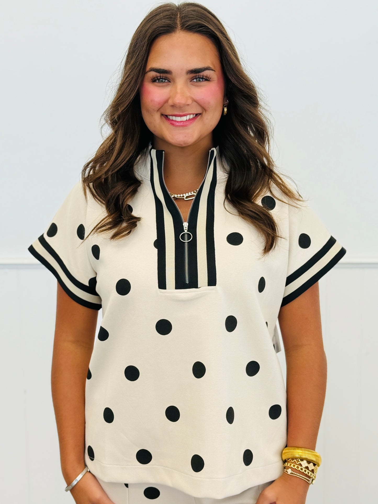 Oatmeal Polka Dot Half Zip Short Sleeve Top (Reg.)