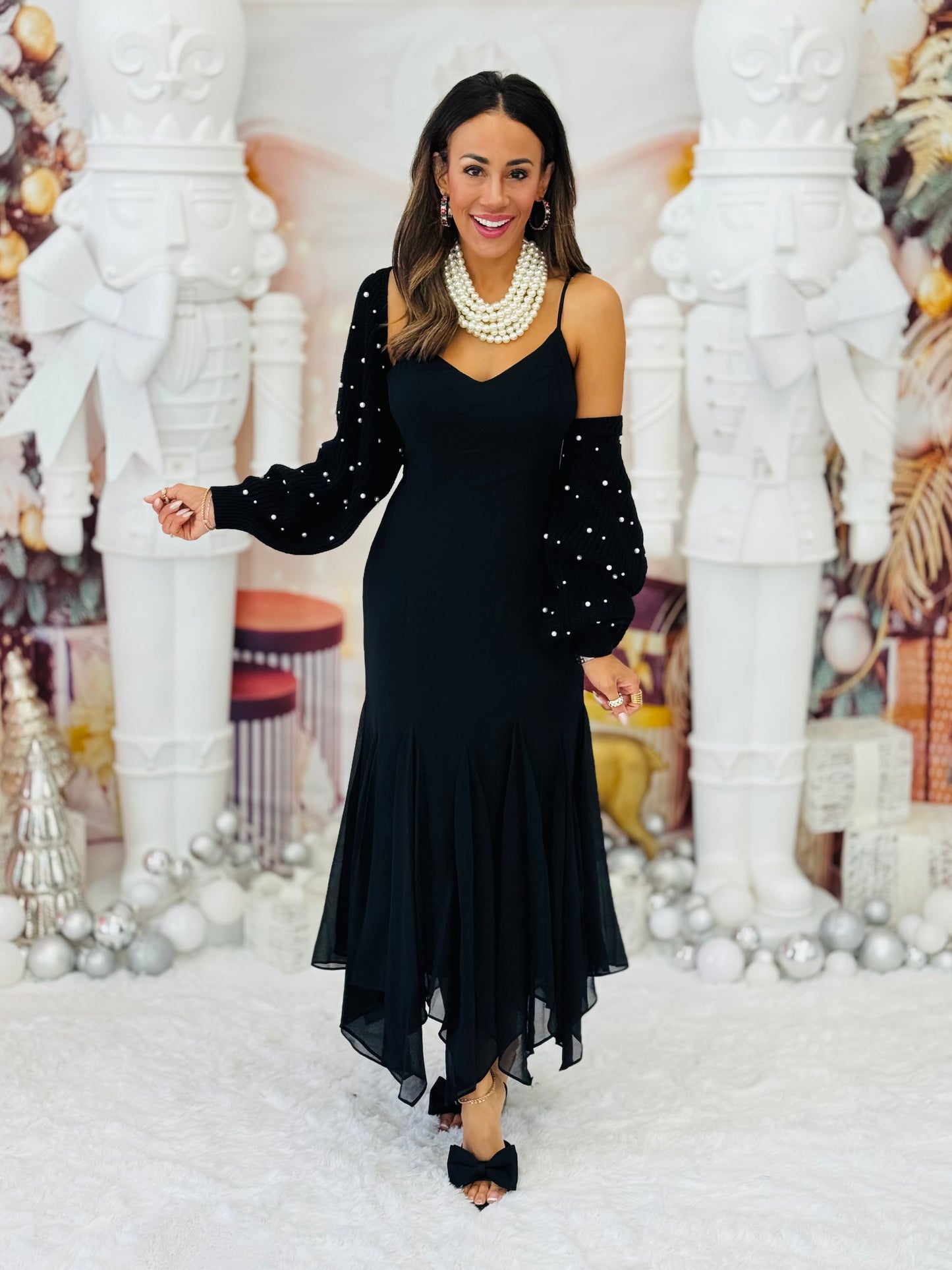 Black Chiffon Godet Midi Dress (Reg.)