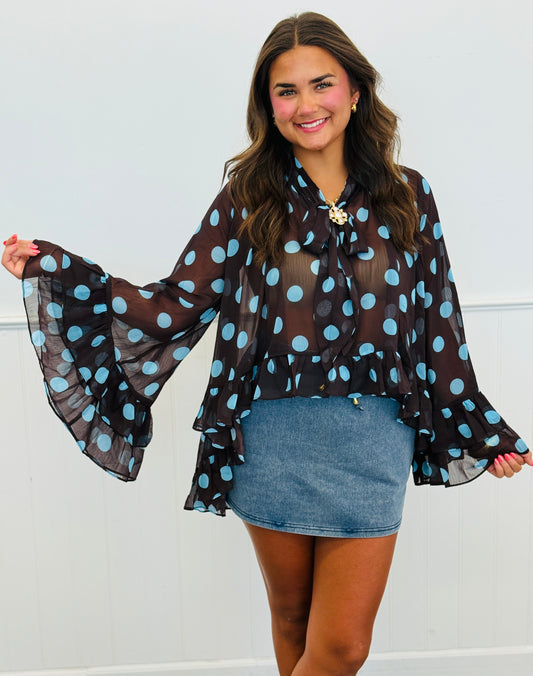 Brown/Light Blue Polka Dot Ruffled Chiffon Blouse (Reg & Plus)