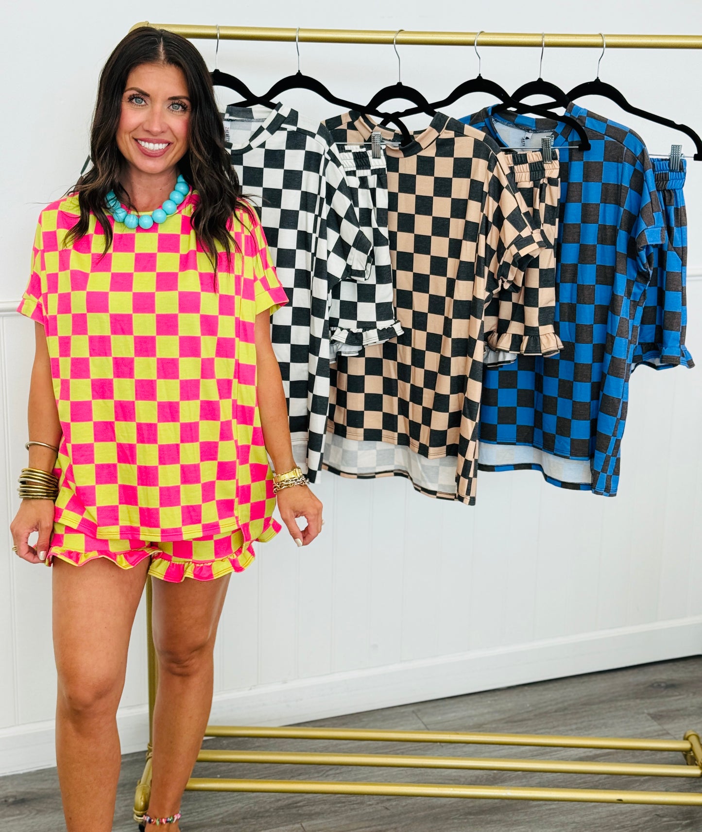Checkered Print Top & Ruffle Shorts Set (Reg. & Plus) - 4 Colors