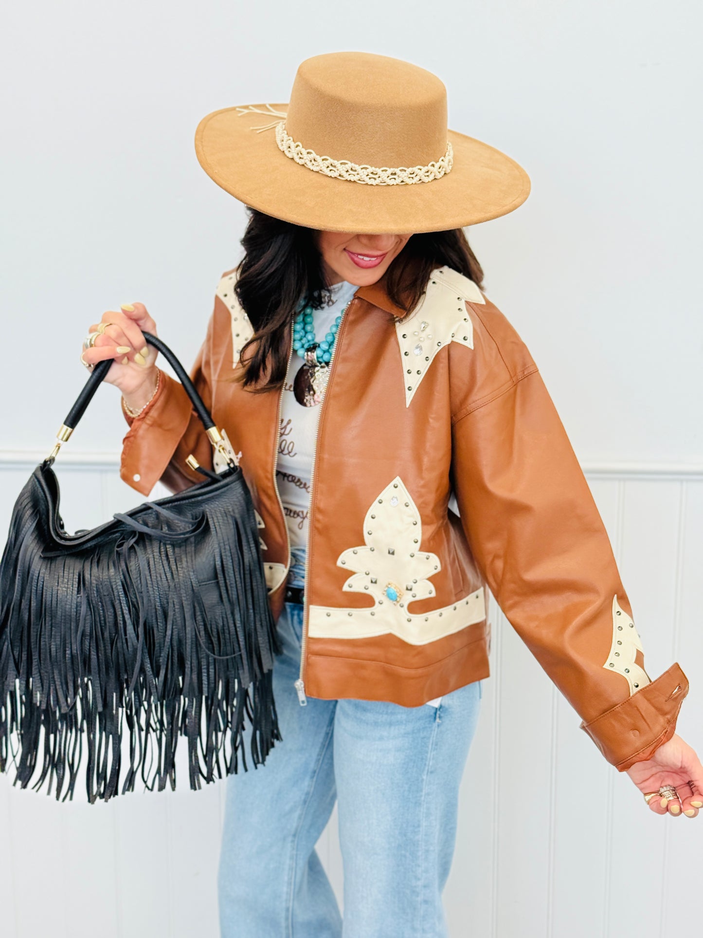 Sienna Brown Faux Leather Studded Jacket (Reg.)