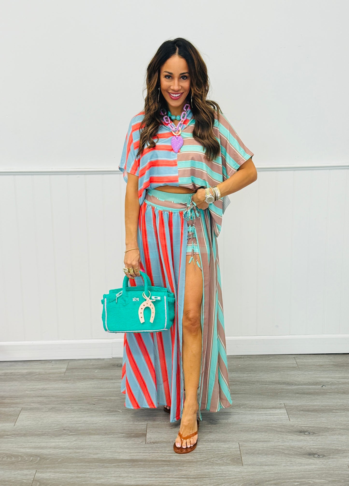 Mint Green Color Block Stripe Polo Top (Reg & Plus)