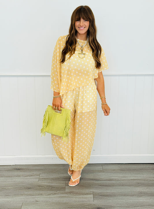 Yellow Polka Dot Cape Top & Pant Set (Reg.)