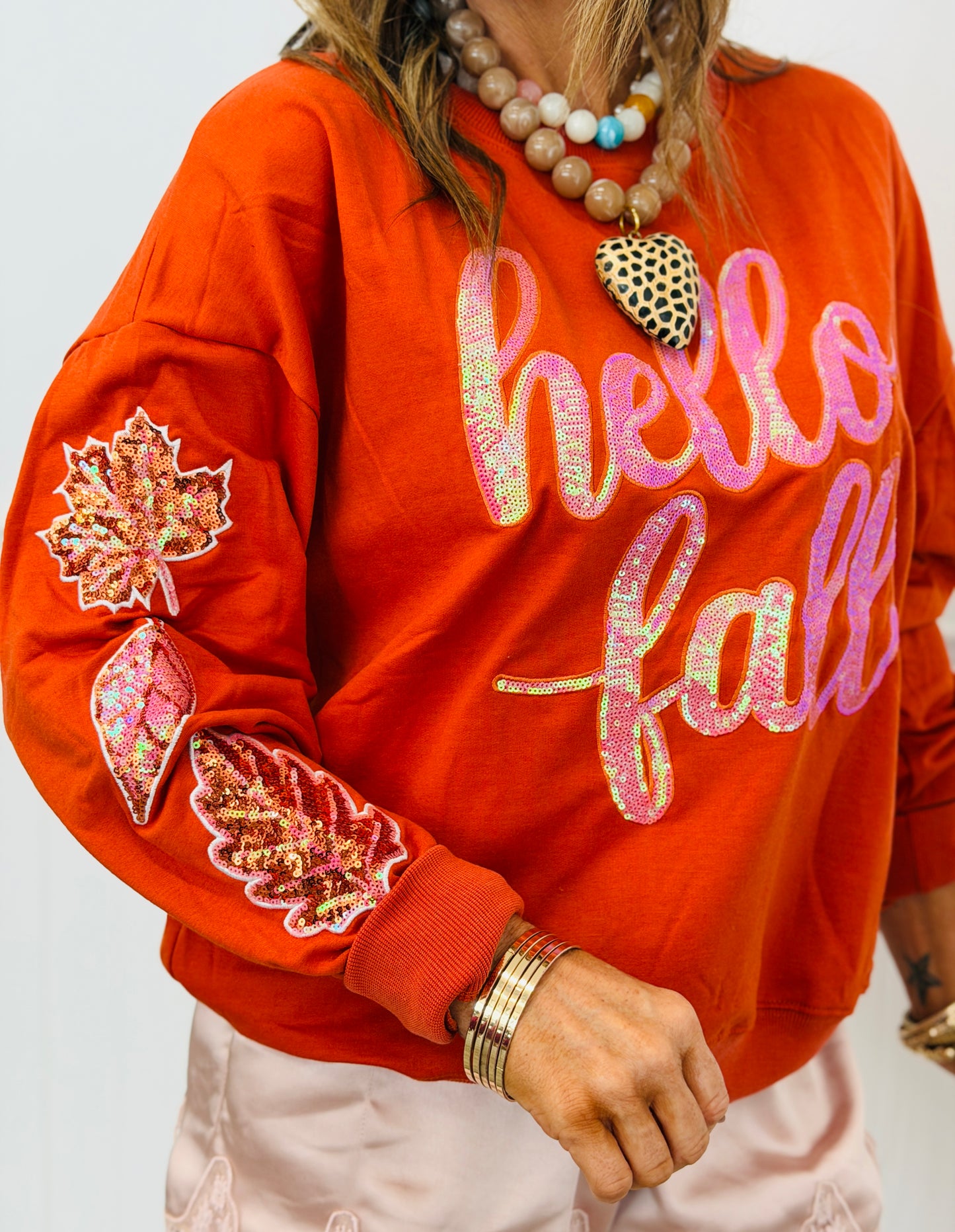 Orange Hello Fall Sequin LS Top (Reg. and Plus)