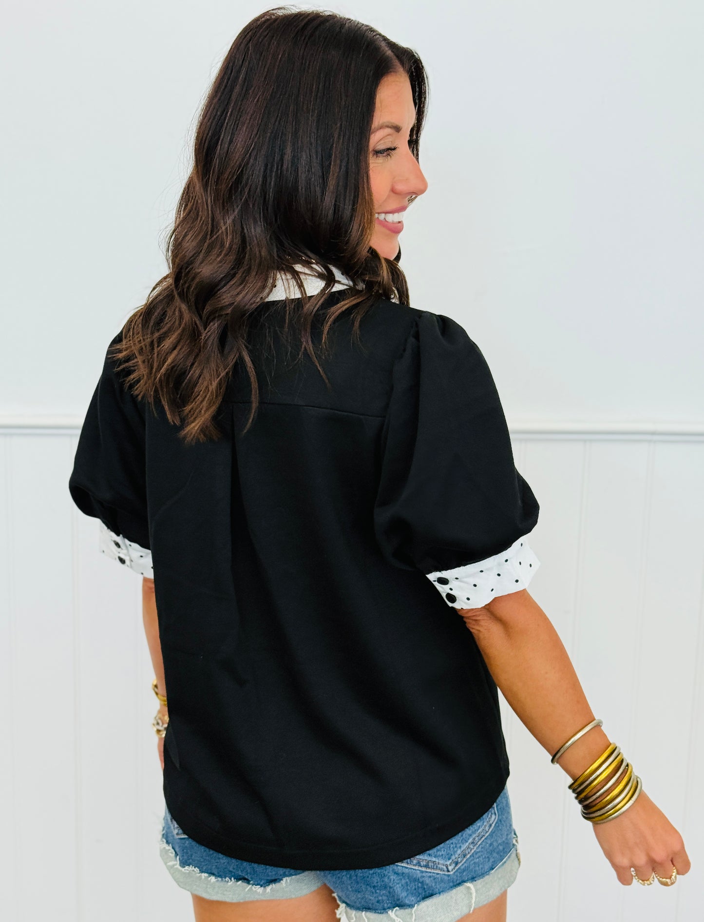 Tiny Dot Contrast Puff Sleeve Top (Reg.) - 2 Colors