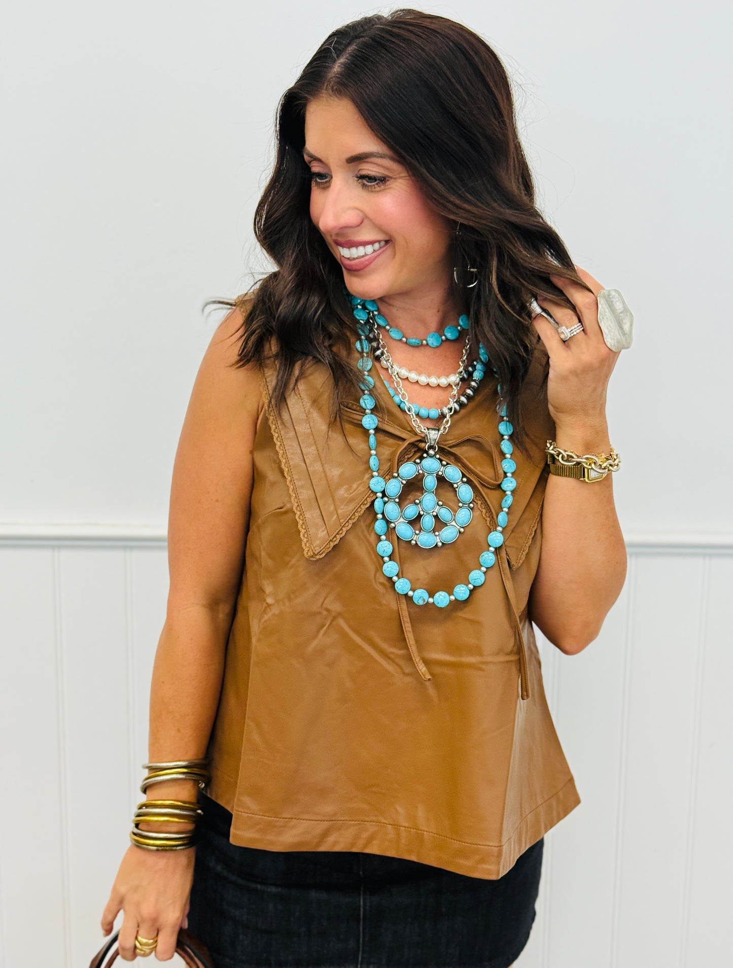 Brown Faux Leather Lace Trim Collar Blouse (Reg.)