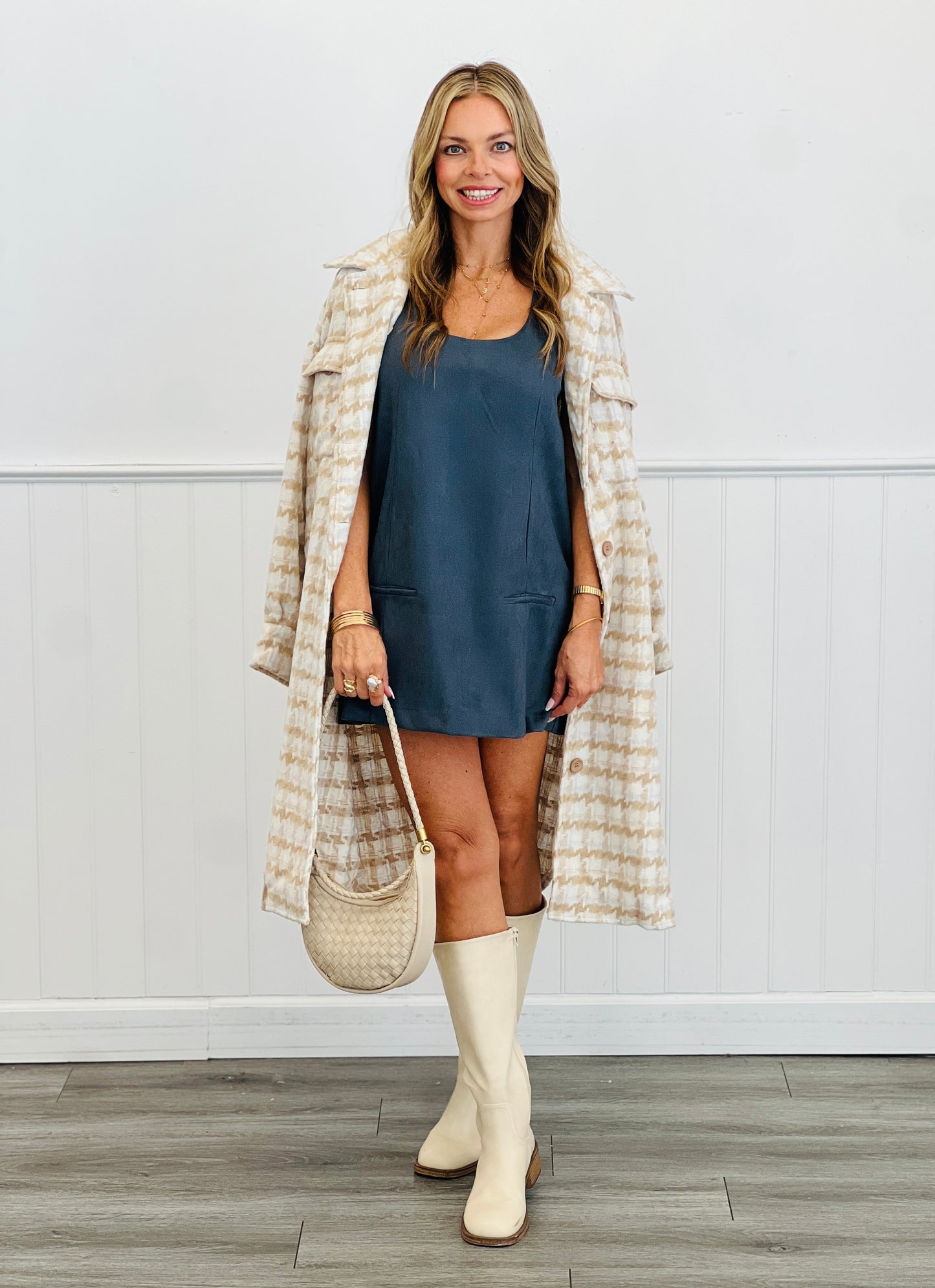 Natural Houndstooth Wool Button Down Midi Coat (Reg.)