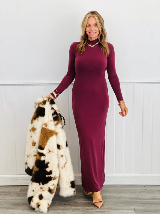 Dark Cherry Turtleneck Body Con Maxi Dress (Reg.)