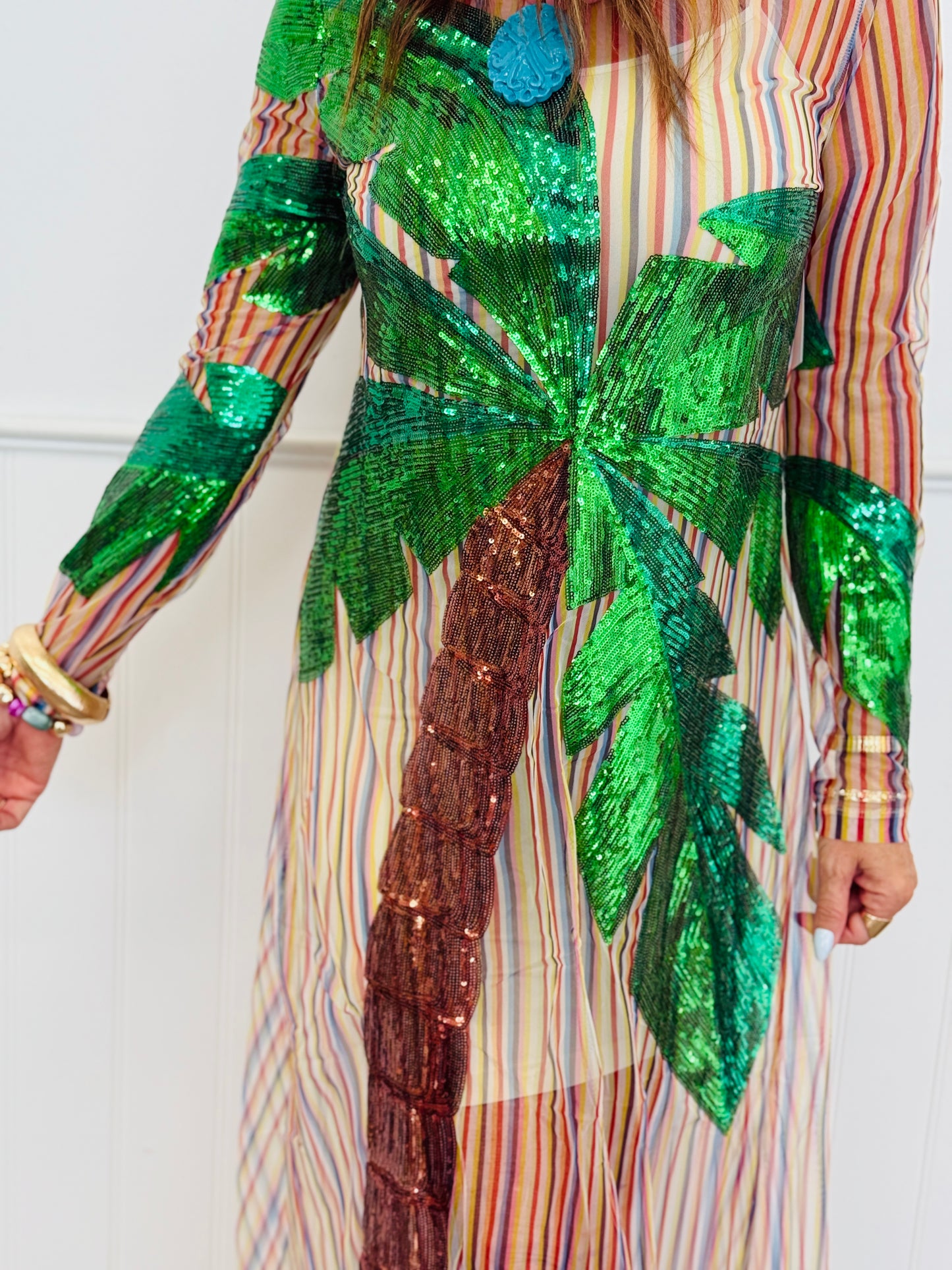 Queen Of Sparkles Rainbow Stripe LS Palm Tree Sheer Coverup Dress (Reg. & Plus)