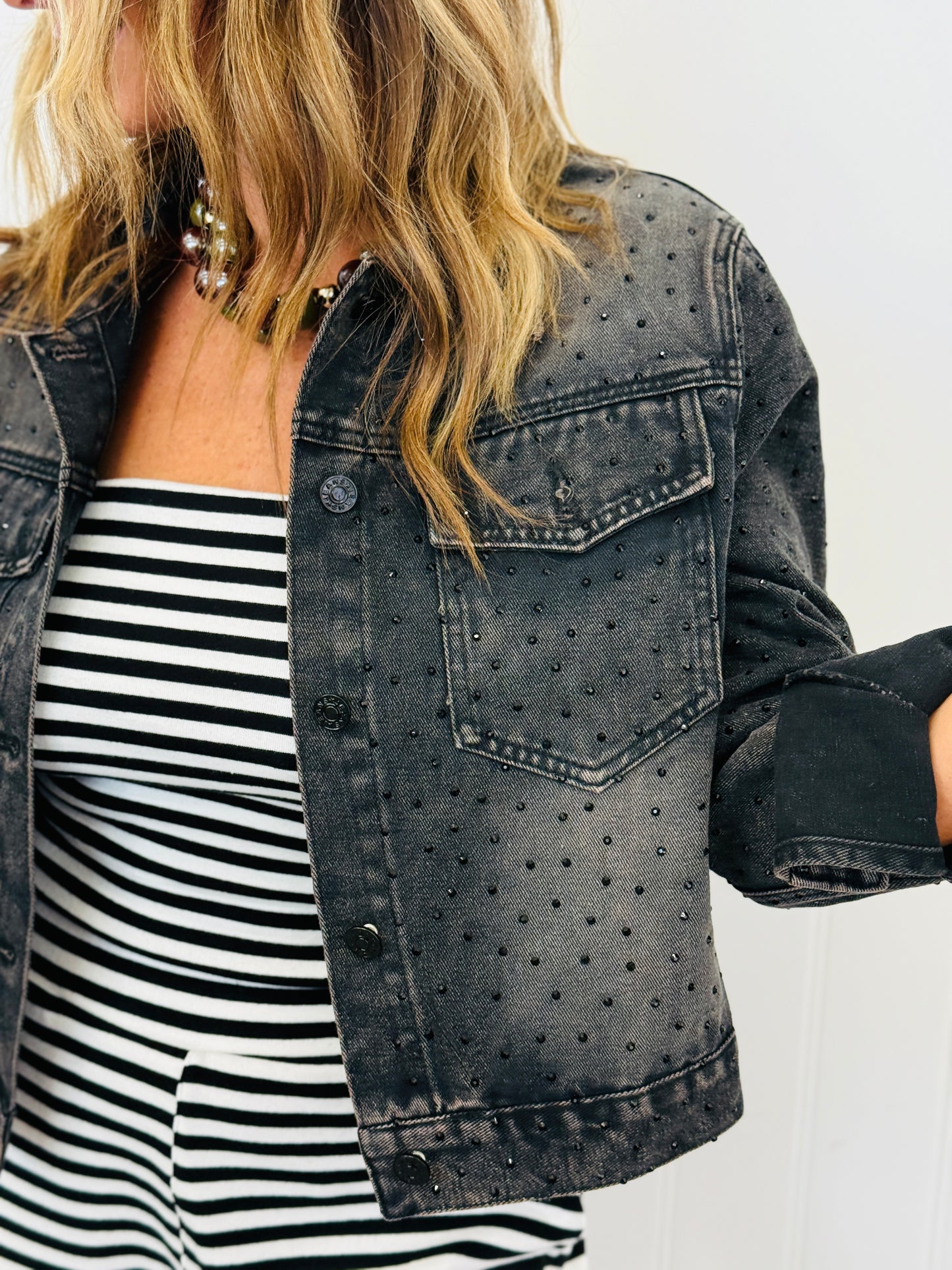 Black Denim Rhinestone Button Up Jacket (Reg. and Plus)