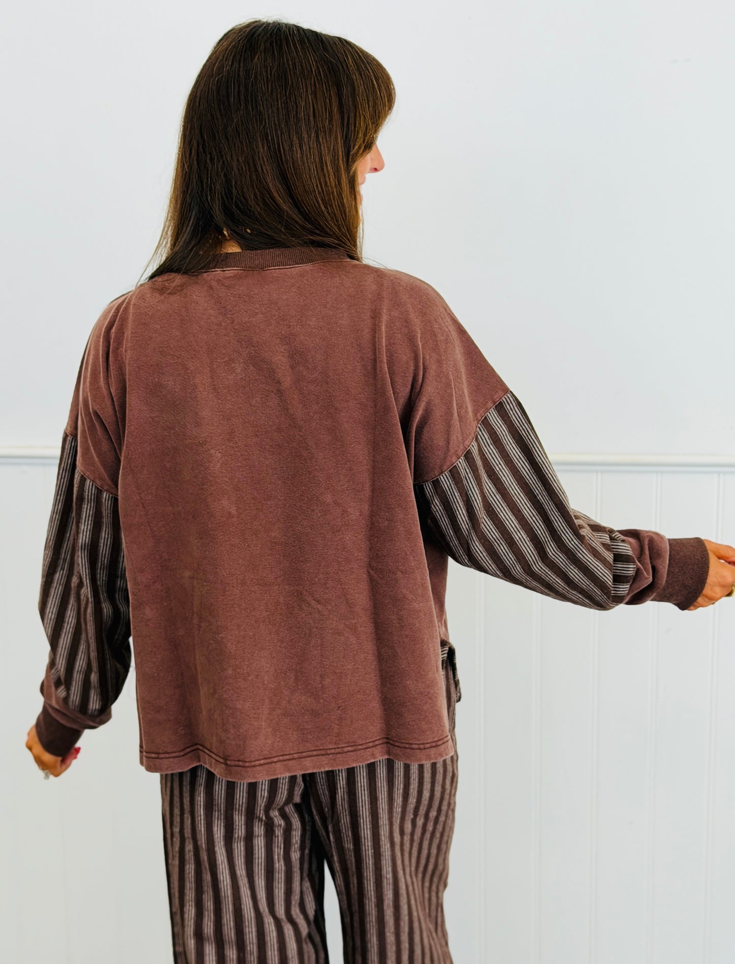 Washed Brown Striped Sweatshirt & Pants Set (Reg & Plus)
