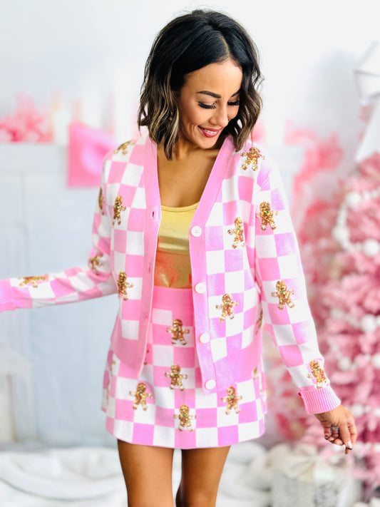 White/Pink Checkered Gingerbread Cardigan (Reg. & Plus)