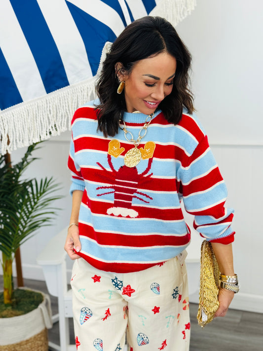 Blue Stripe Lovely Lobster Graphic Sweater (Reg & Plus)