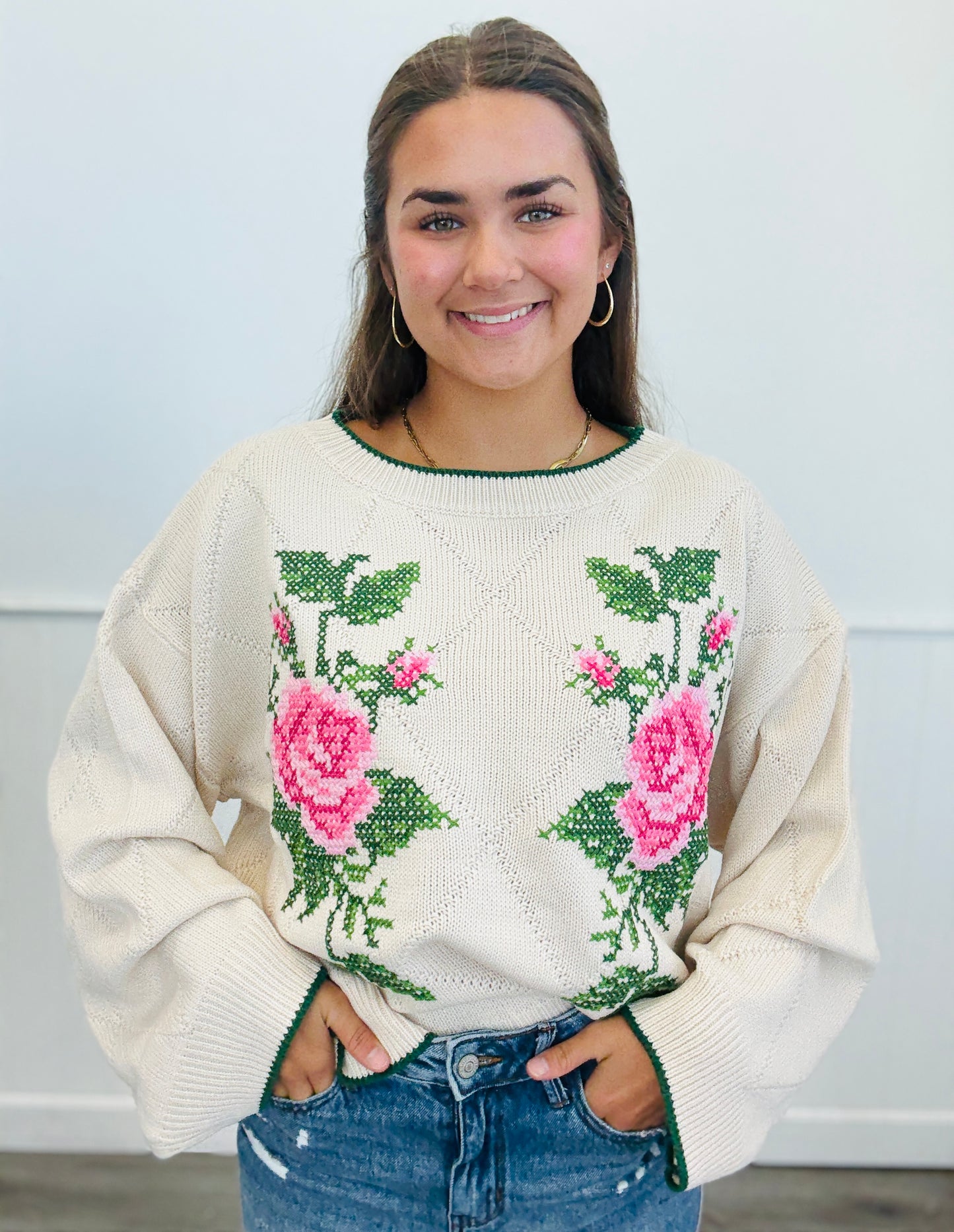 Rose X-Embroidery Jacquard Knit Sweater (Reg.) - 2 Colors