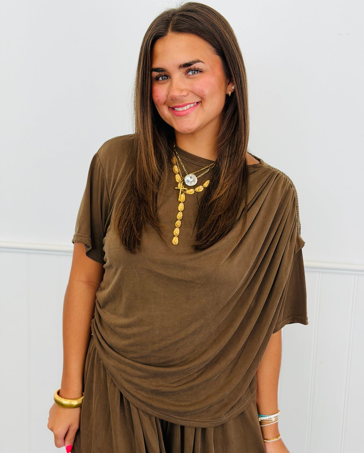 Brown Smocked Shoulder Blouse (Reg.)