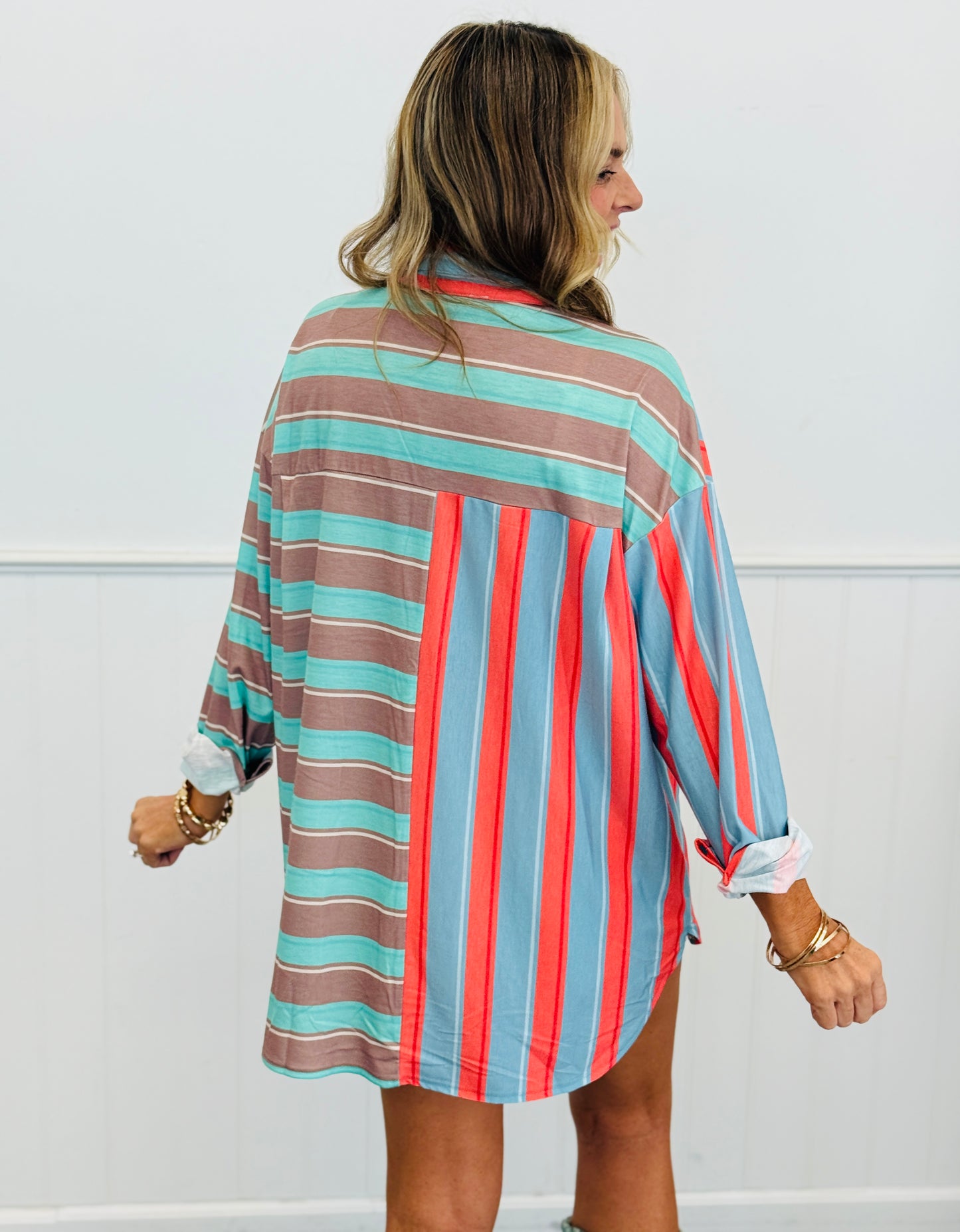 Mint Green Color Block Striped Shirt (Reg & Plus)