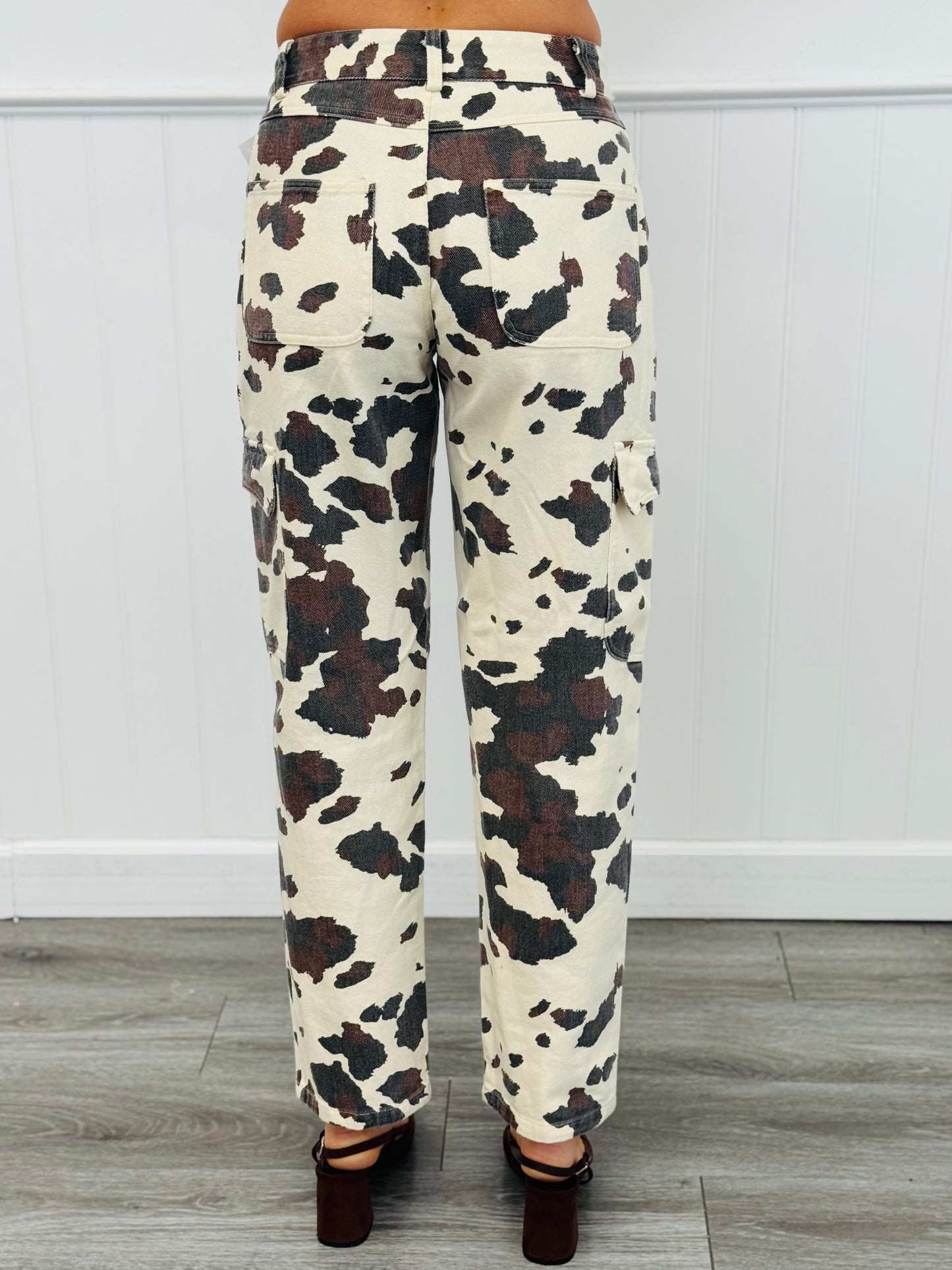 Cream Cow Print Cargo Pants (Reg.)
