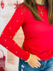Red Pearl Detail Mesh Long Sleeve Top (Reg. and Plus)