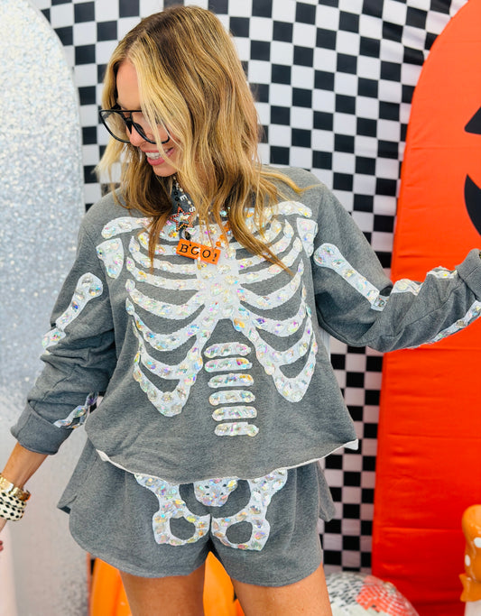 Queen Of Sparkles Charcoal Iridescent Jeweled Skeleton Sweatshirt (Reg. and Plus)