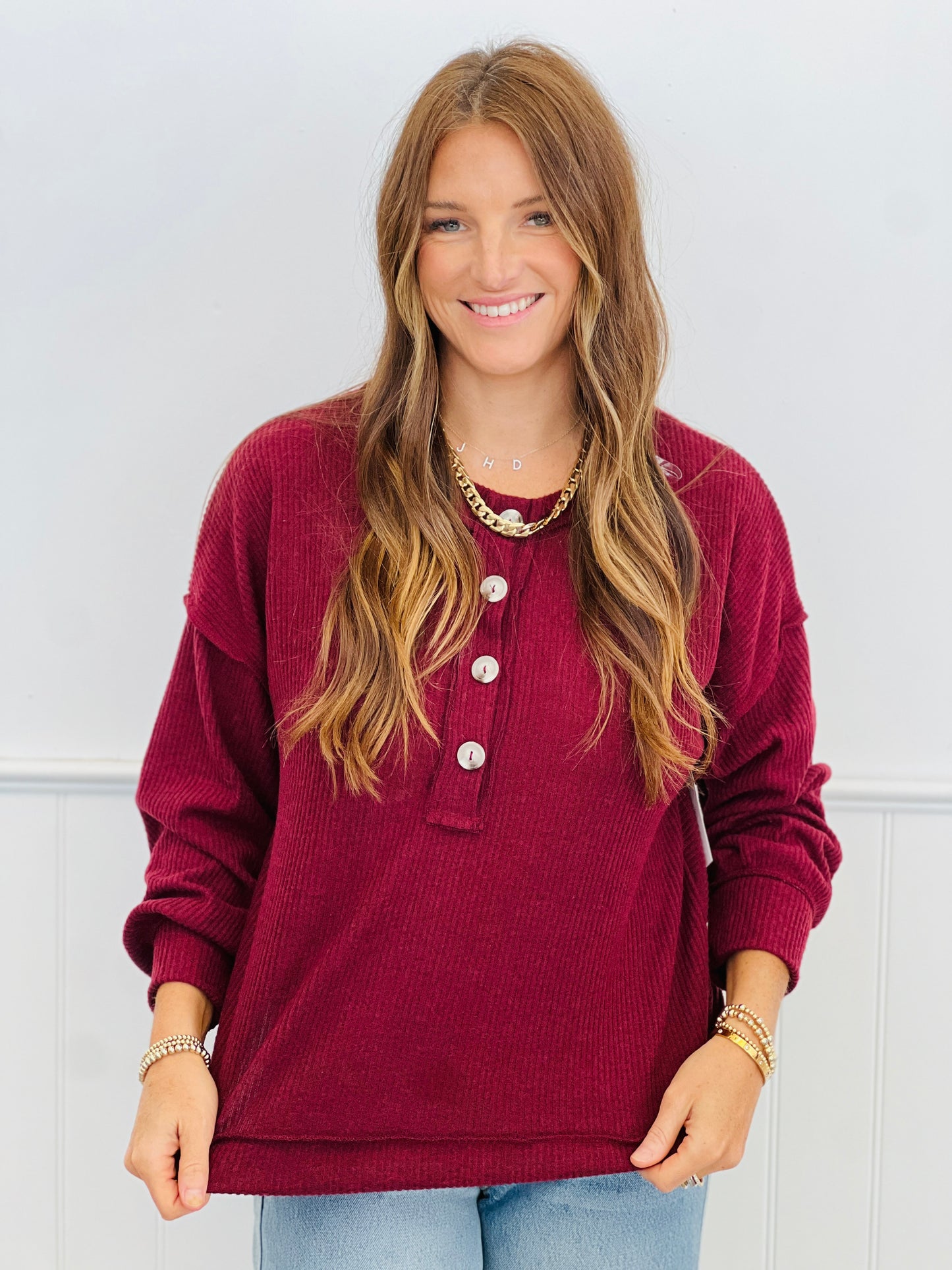 Andree Henley Ribbed Hacci Top (Reg. and Plus) - 7 Colors