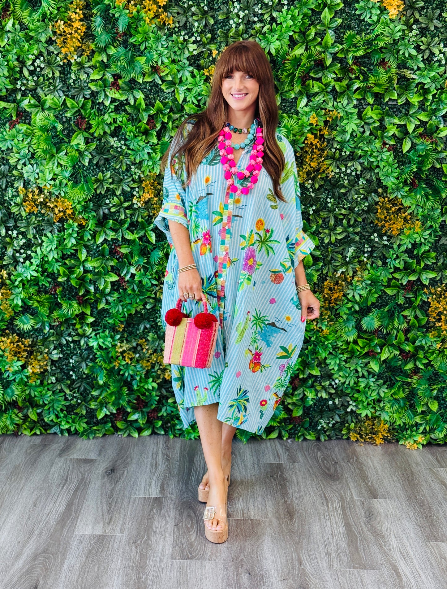 POL Aqua Multi Floral & Contrast Stripe Midi Dress (OS)