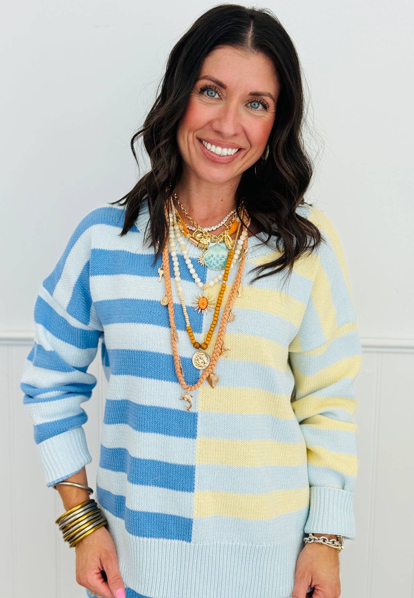 Half & Half Contrast Striped Knit Sweater (Reg. and Plus)