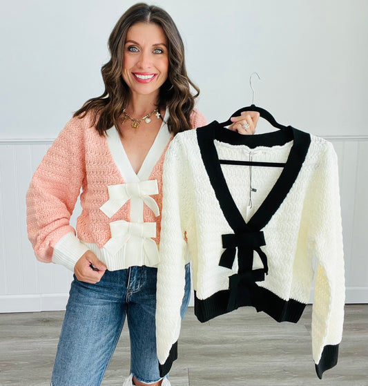 Bow Front Snap Sweater Cardigan (Reg)-2 Colors
