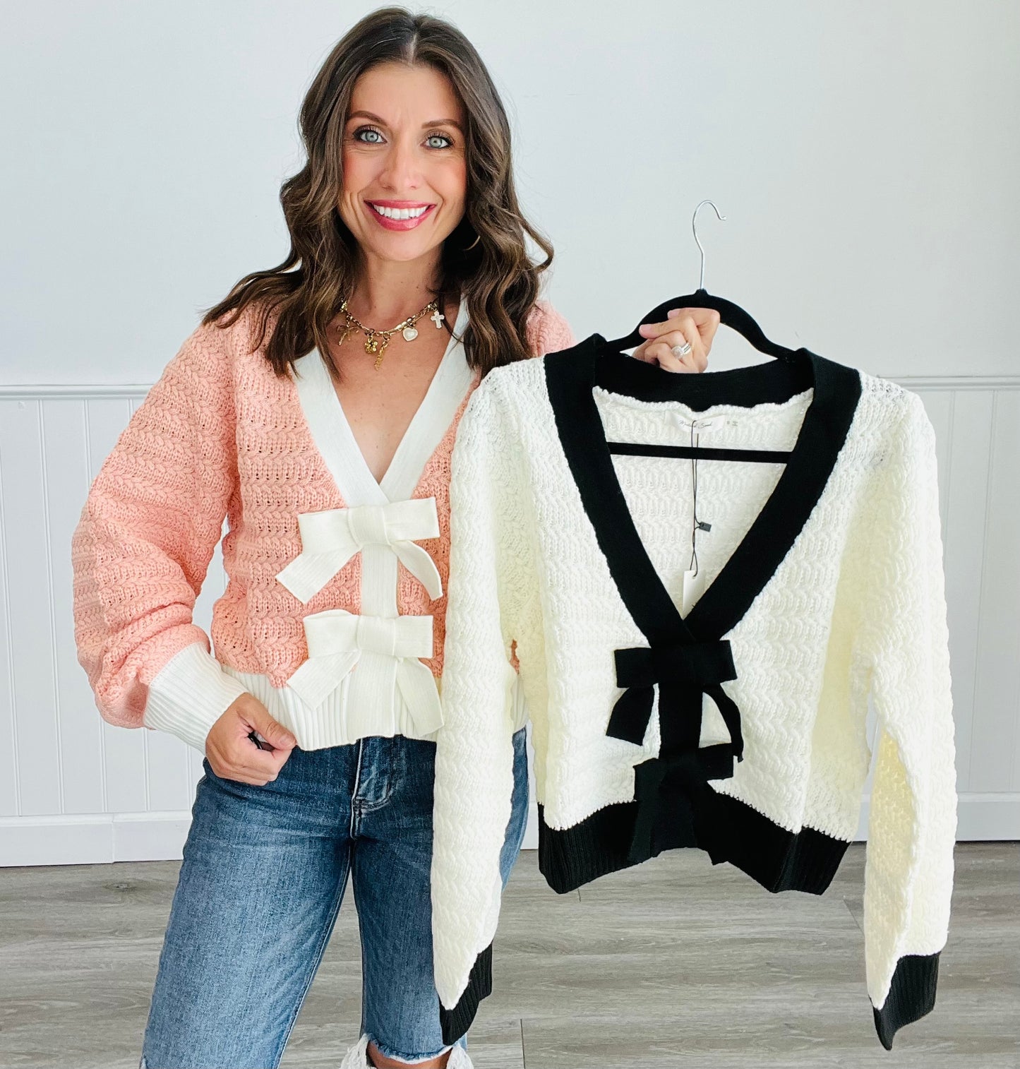 Bow Front Snap Sweater Cardigan (Reg)-2 Colors