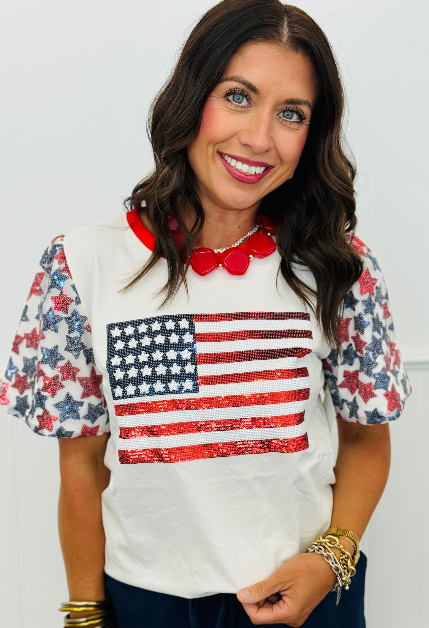 USA Flag Sequin Star Sleeve Top (Reg. & Plus)