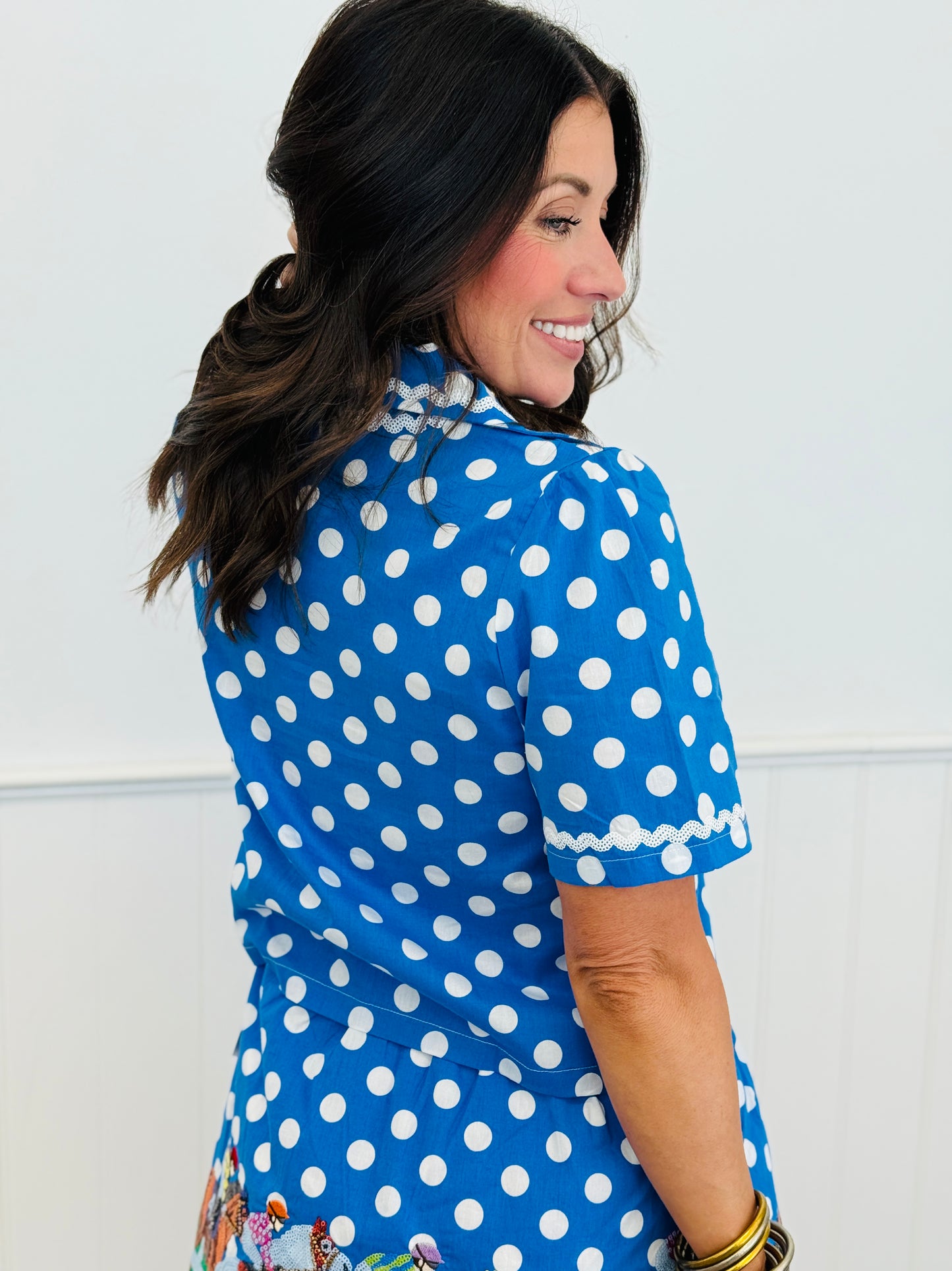 Queen Of Sparkles Blue & White Rickrack Polka Dot Tie Up Top (Reg. & Plus)