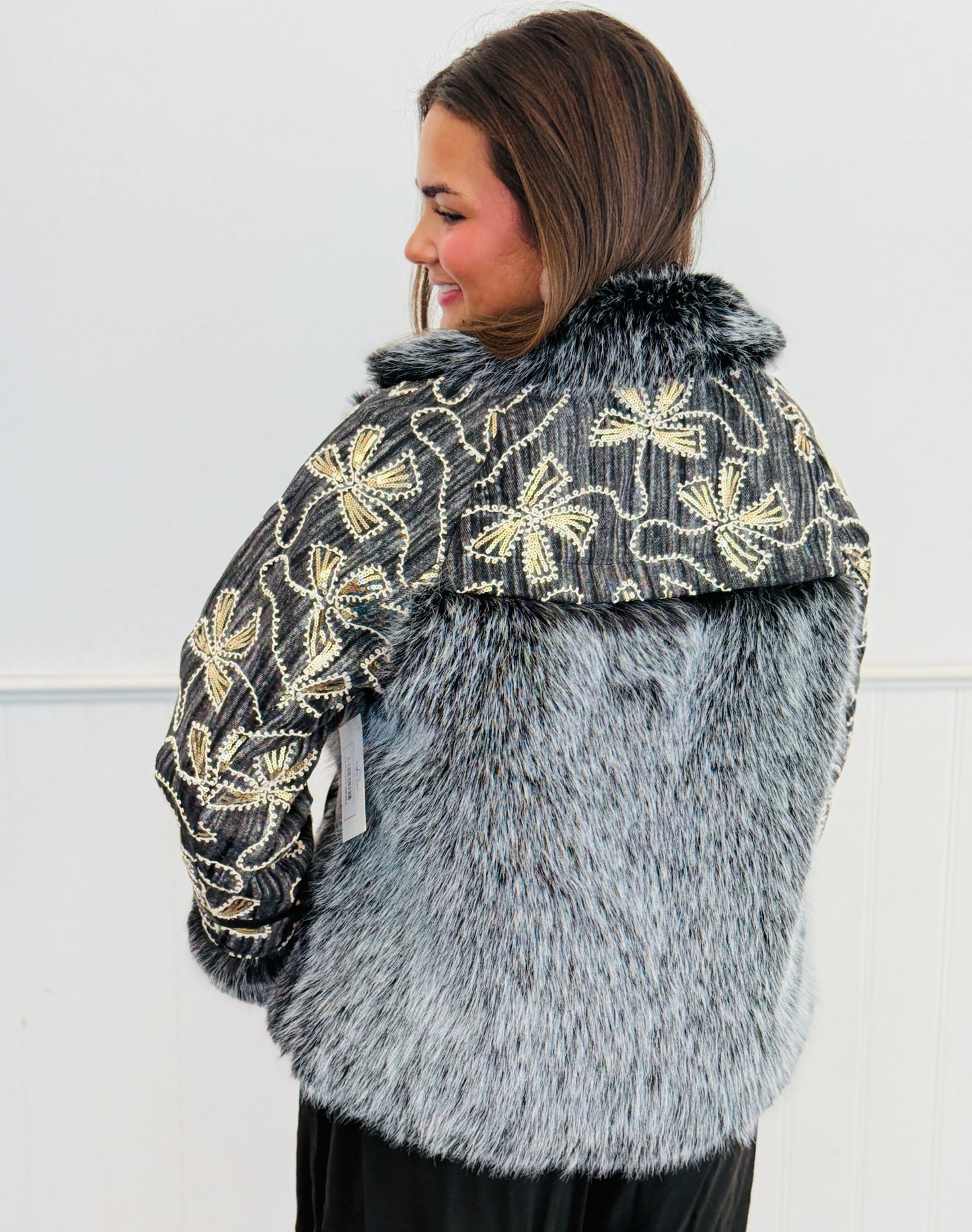 Grey Sequin Printed Faux Fur Button Up Jacket (Reg.)
