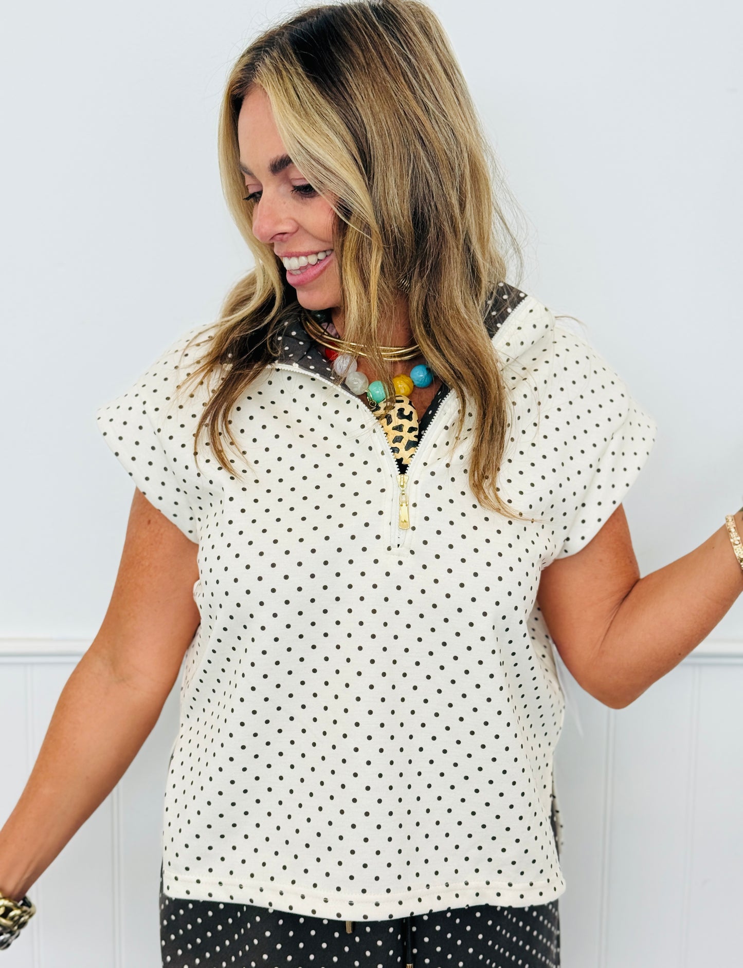 Polka Dot Half Zip Cap Sleeve Top (Reg.) - 4 Colors