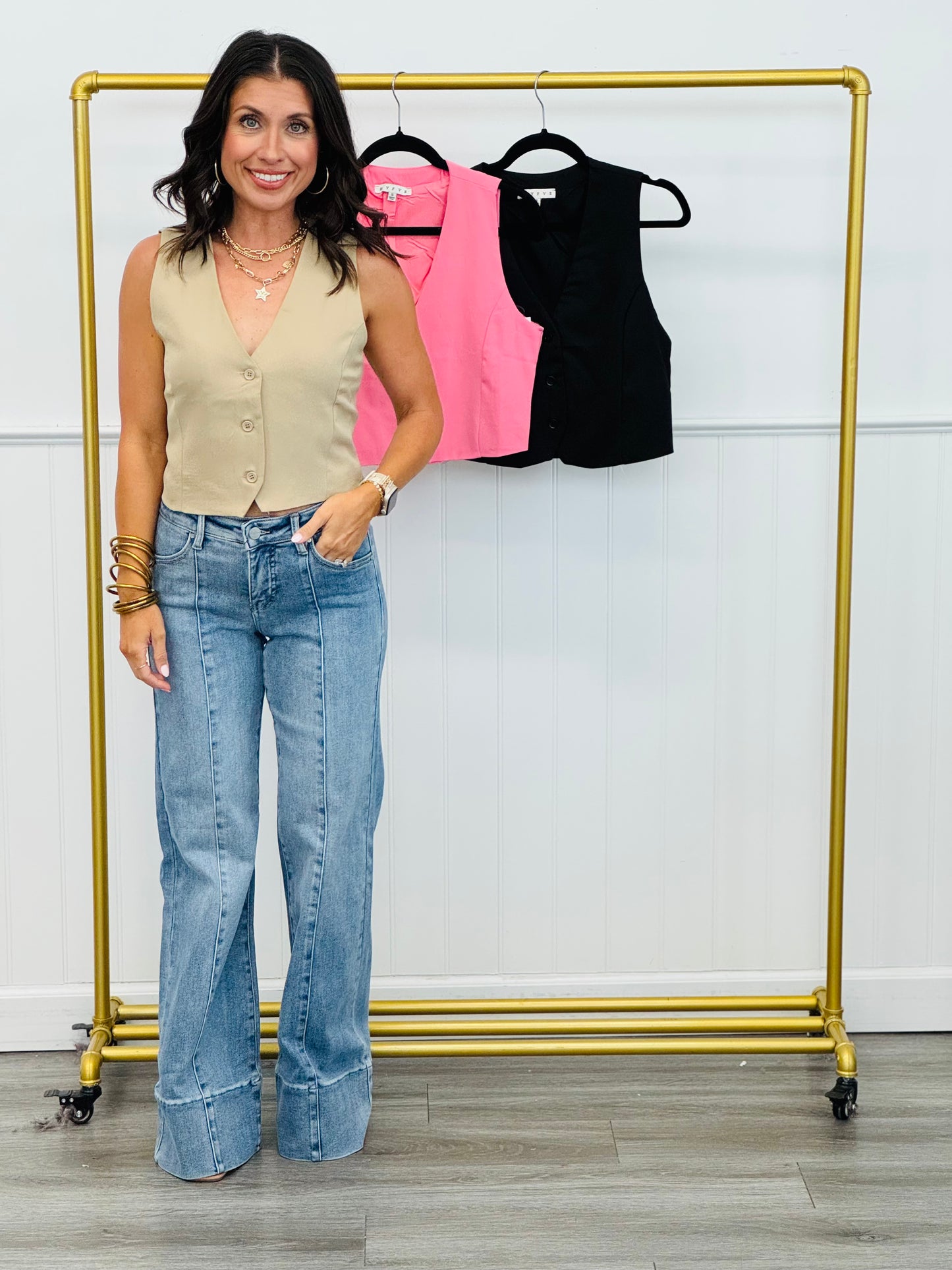 V-Neck Button Down Vest Top (Reg.) - 3 Colors