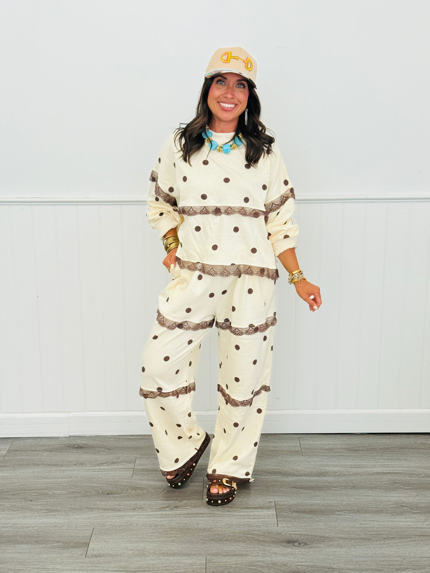 Ivory/Brown Polka Dot Seam Lace Sweatshirt (Reg.)