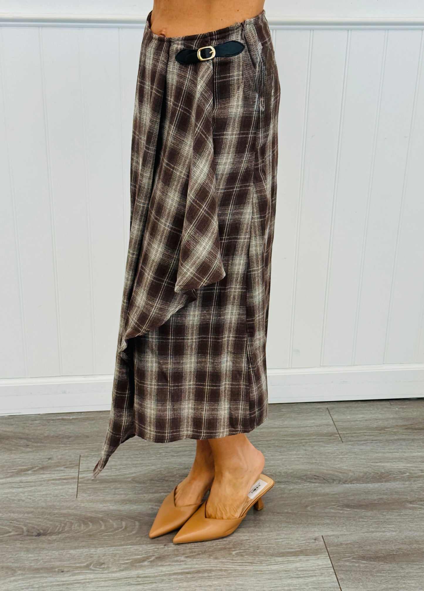 Dark Walnut Combo Plaid Wrap Midi Skirt (Reg & Plus)