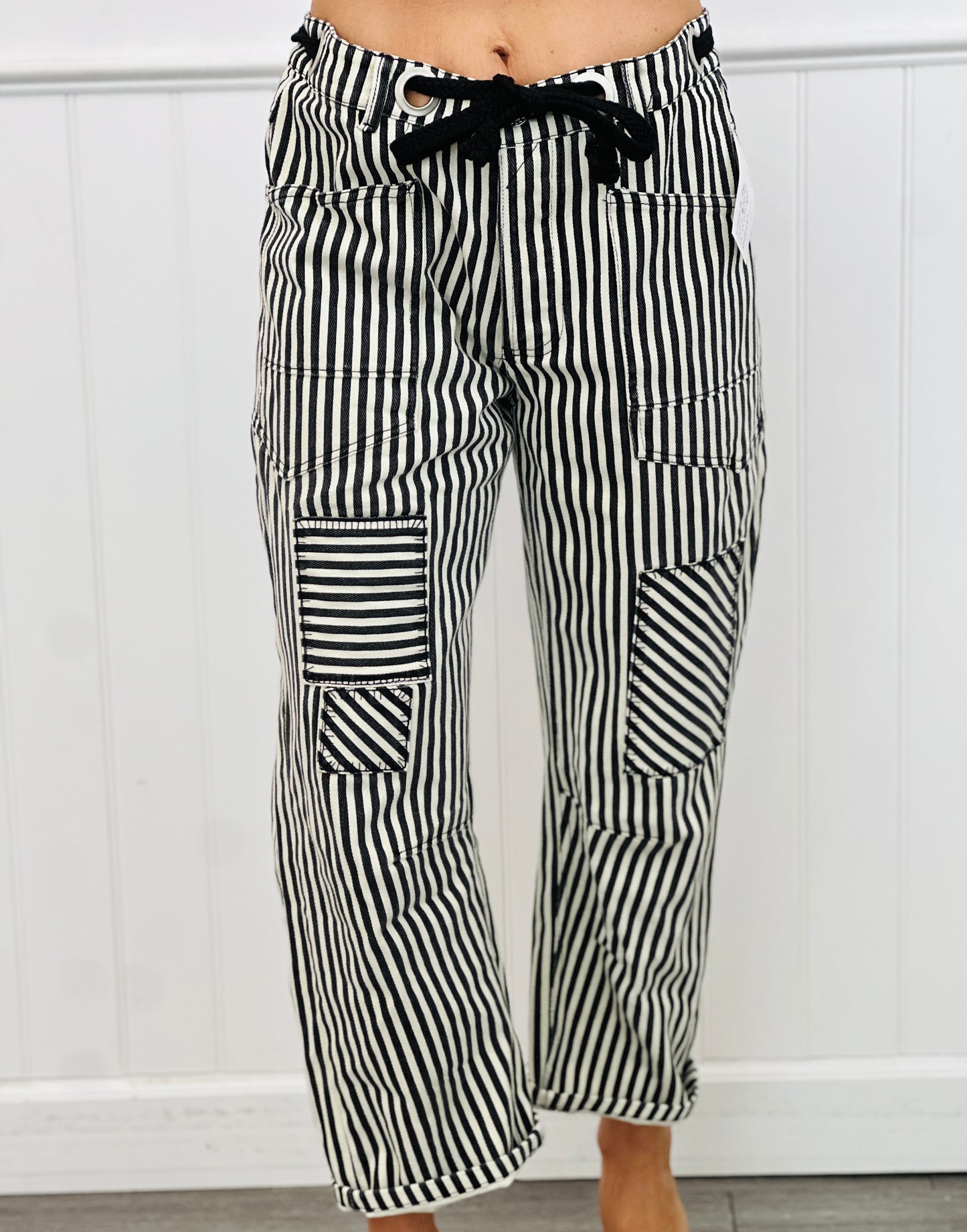 Black Striped Twill Barrel Pants (Reg & Plus)