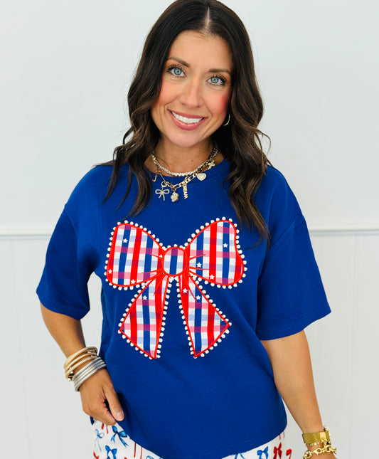 Blue Gingham Glory Bow Luxe Tee (Reg & Plus)