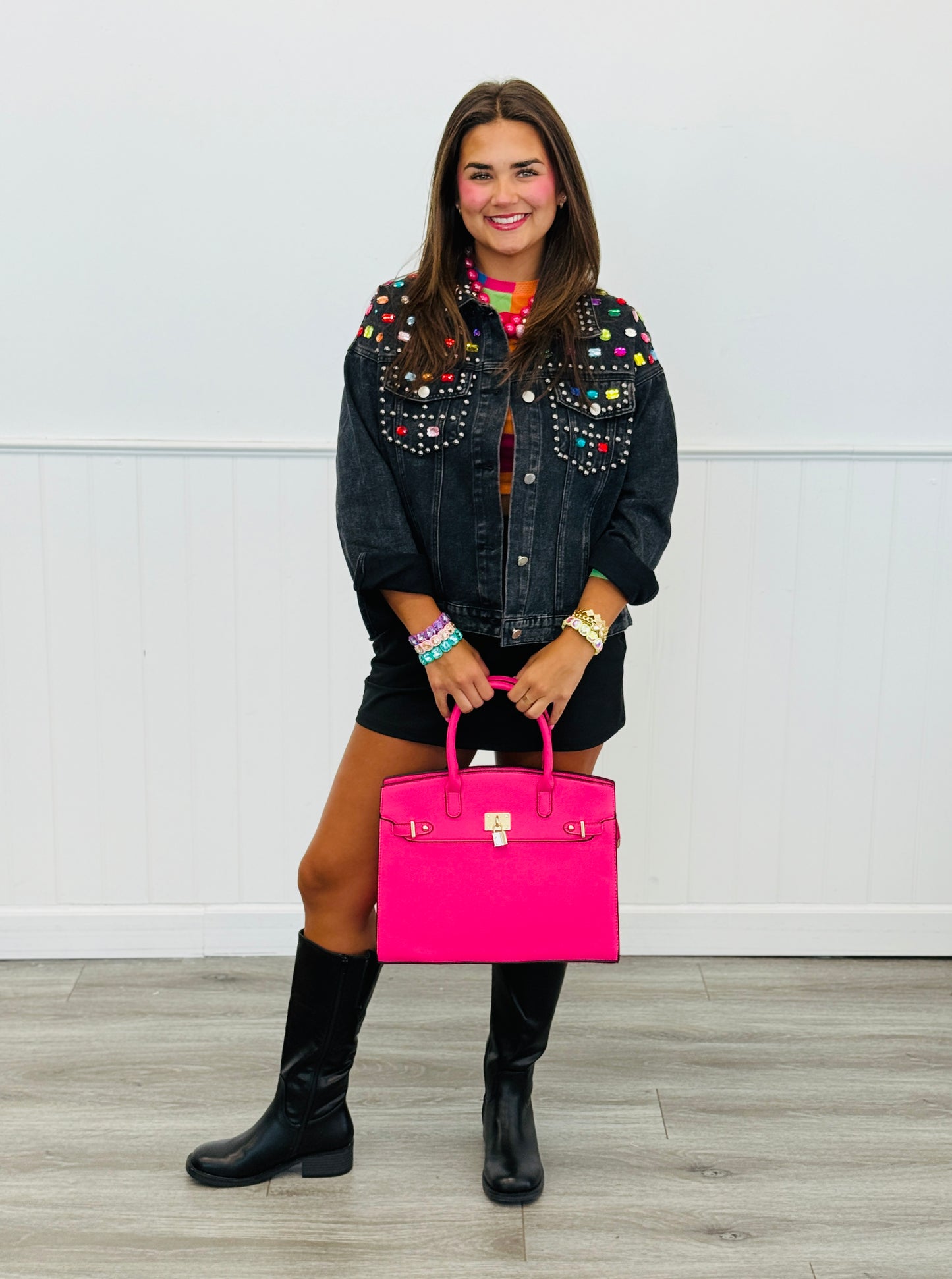 Black Denim Studded Jewels Button Up Jacket (Reg. and Plus)