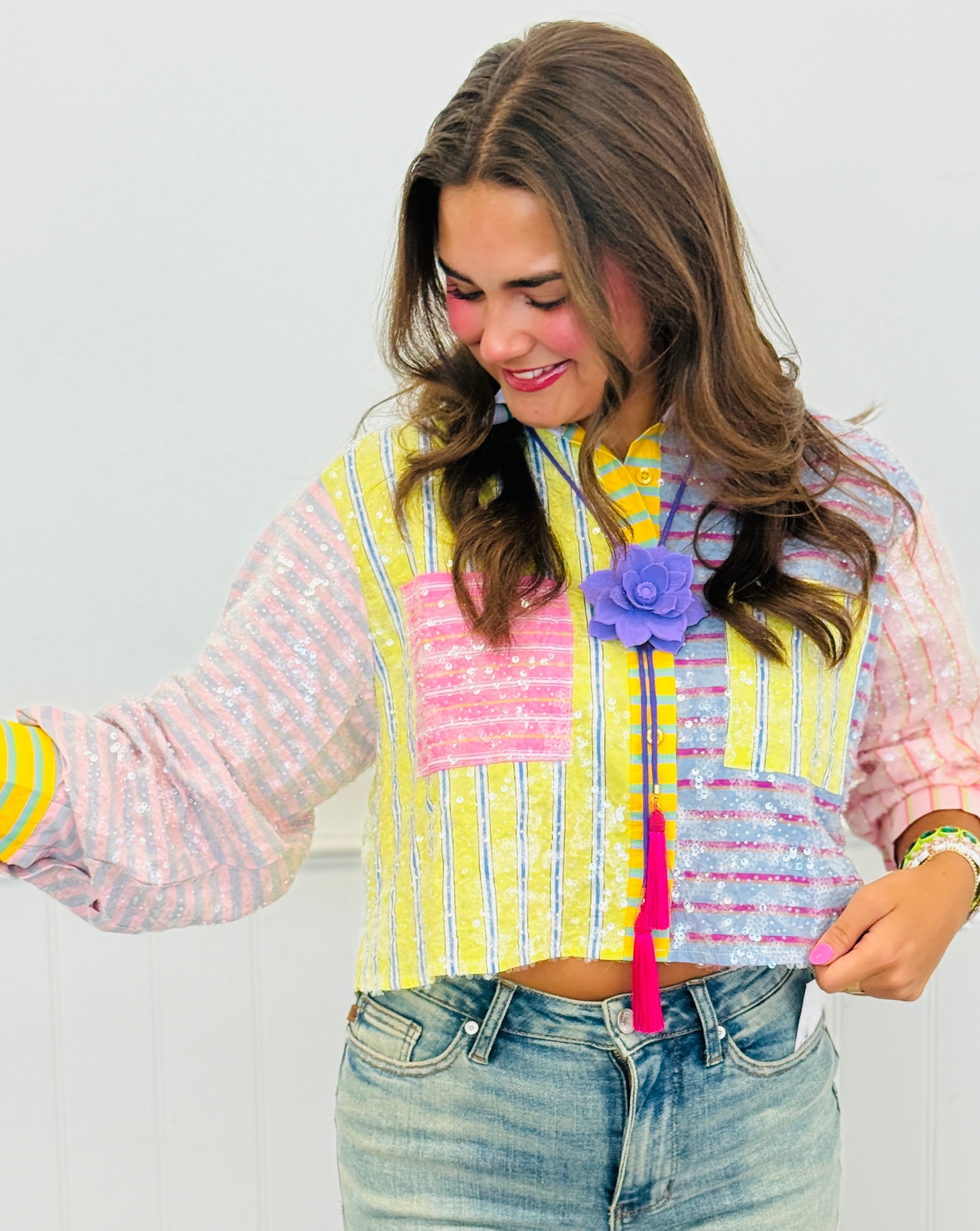Queen Of Sparkles Multi Sequin Colorblock & Stripe Button Up Top (Reg. and Plus)