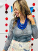 Denim Rhinestone Mesh LS Top (Reg. and Plus)