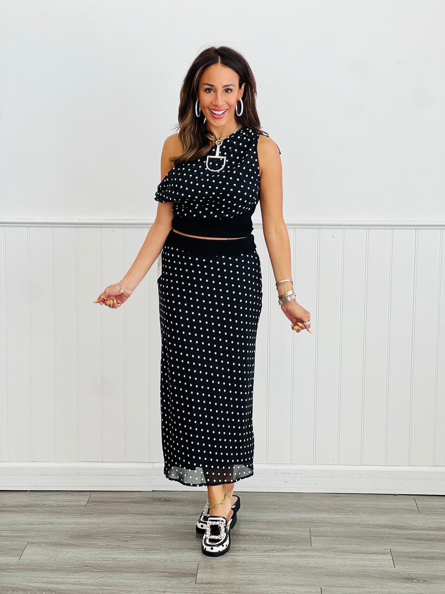Black/White Polka Dot Top & Midi Skirt Set (Reg.)