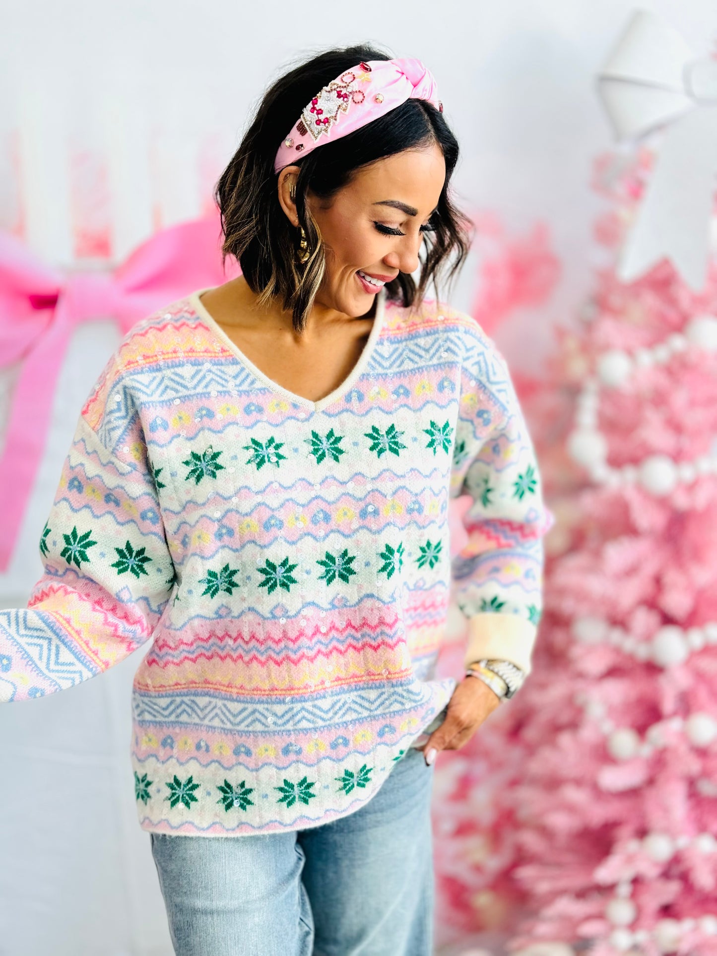 Pastel Holiday Print Sweater (Reg. and Plus)