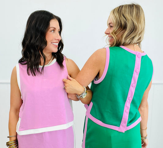 Contrast Binding Knit Back Button Up Top (Reg.)-2 Colors